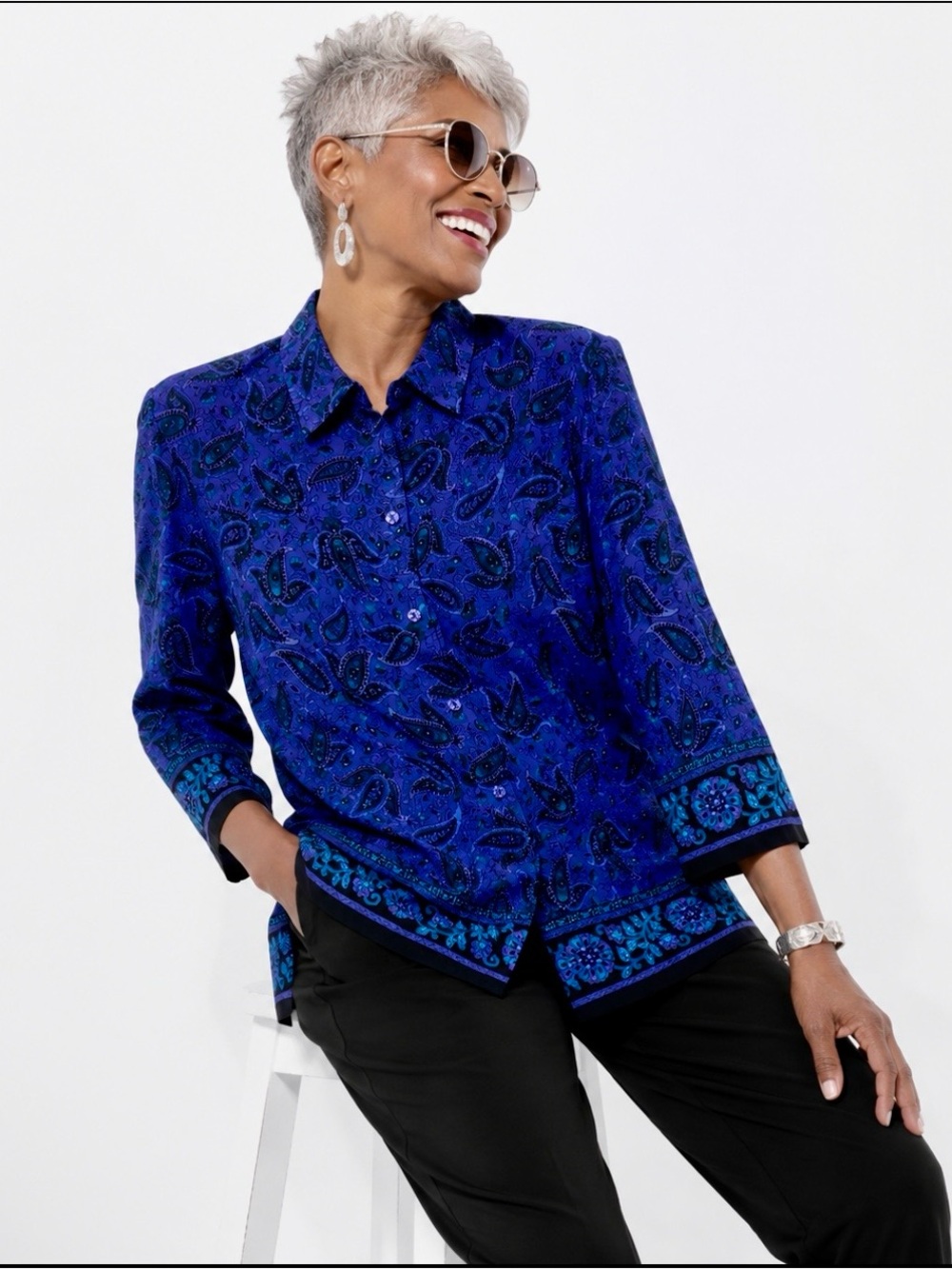 VTG Sag Harbor Blue Purple Paisley Button Down Top Blouse Plus XL 1X Structure
